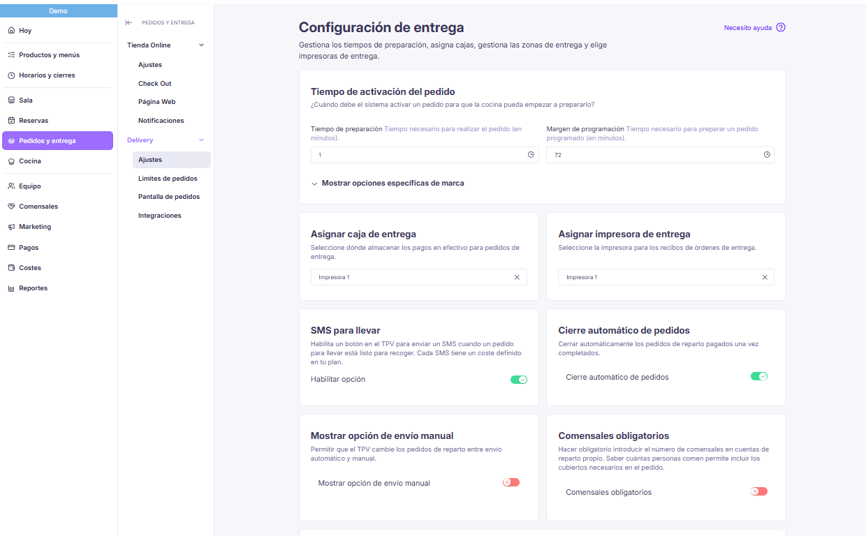 Configuración de entrega: tiempo de activación del pedido y ajustes generales