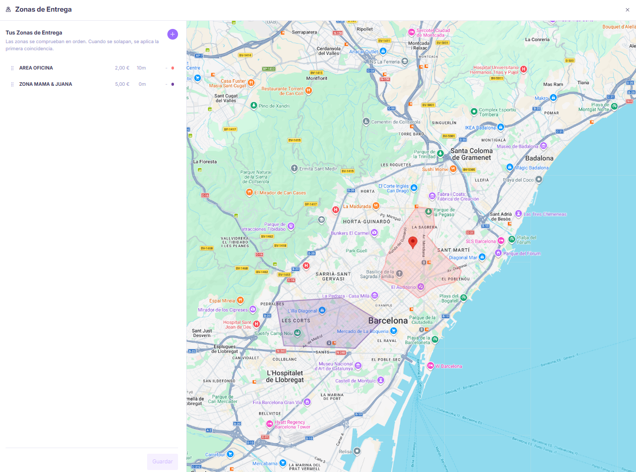 Gestión de zonas de entrega sobre el mapa