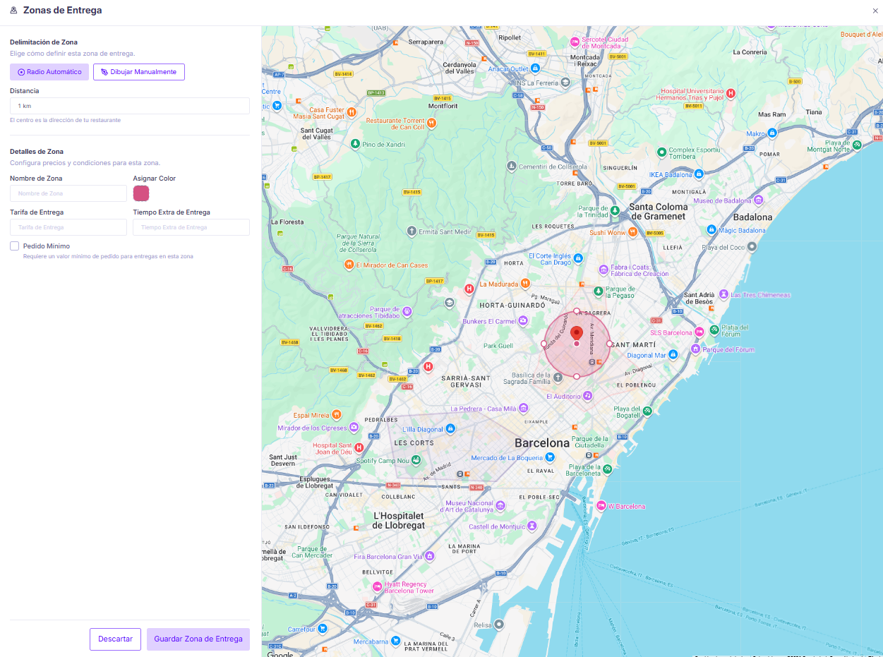 Formulario de delimitación y detalles de una zona de entrega