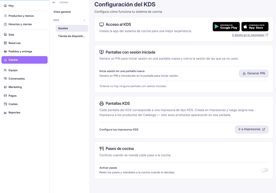 Configuración del KDS en el panel de administración