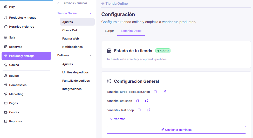 Configuración general de la tienda online con estado de la tienda y dominios