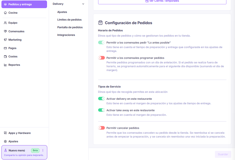 Configuración de pedidos: horario de pedidos y tipos de servicio