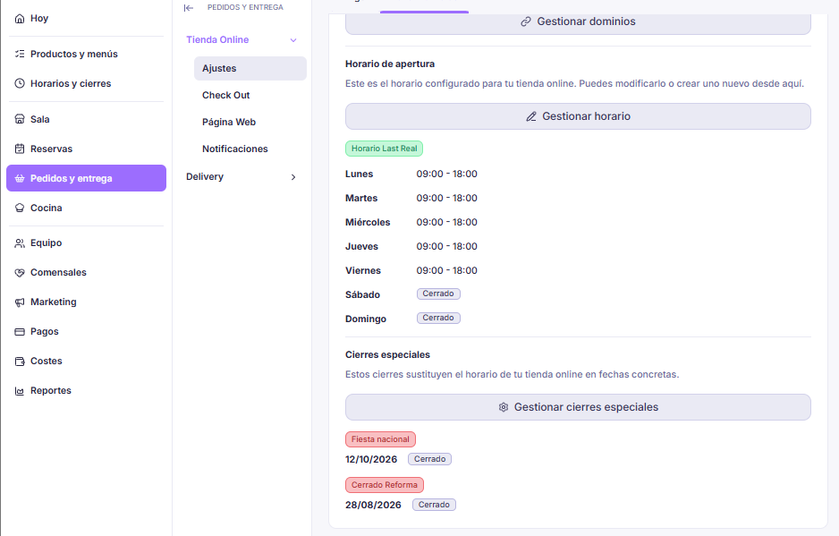 Tarjeta de Horario de apertura y Cierres especiales
