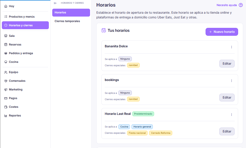 Listado de Tus horarios con a qué se aplica cada uno y sus cierres especiales