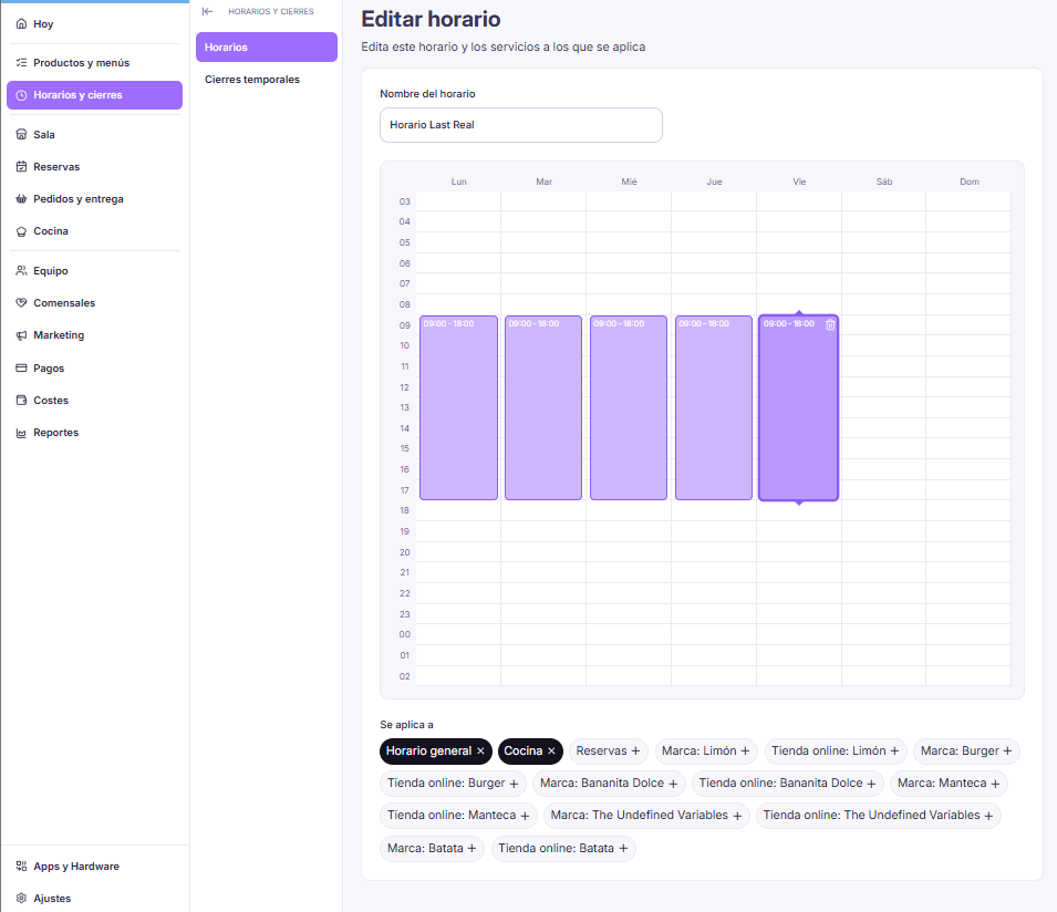 Pantalla de Editar horario con el calendario semanal y las etiquetas Se aplica a