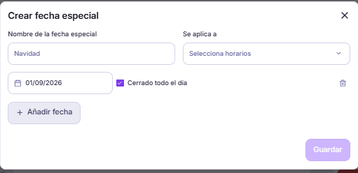 Modal para crear una fecha especial con nombre, horarios a los que aplica y fecha