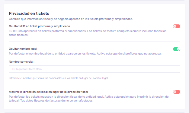 Sección Privacidad en tickets con las opciones de ocultar RFC, ocultar nombre legal y mostrar la dirección del local