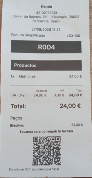 Ticket simplificado con el código QR y el texto Escanea para conseguir tu factura