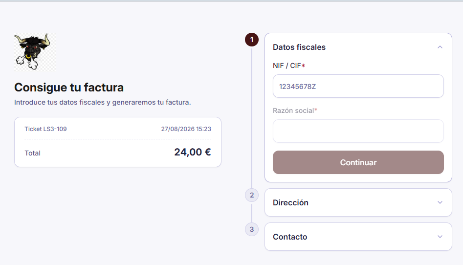 Formulario de portal.last.app para conseguir la factura, con los pasos Datos fiscales, Dirección y Contacto