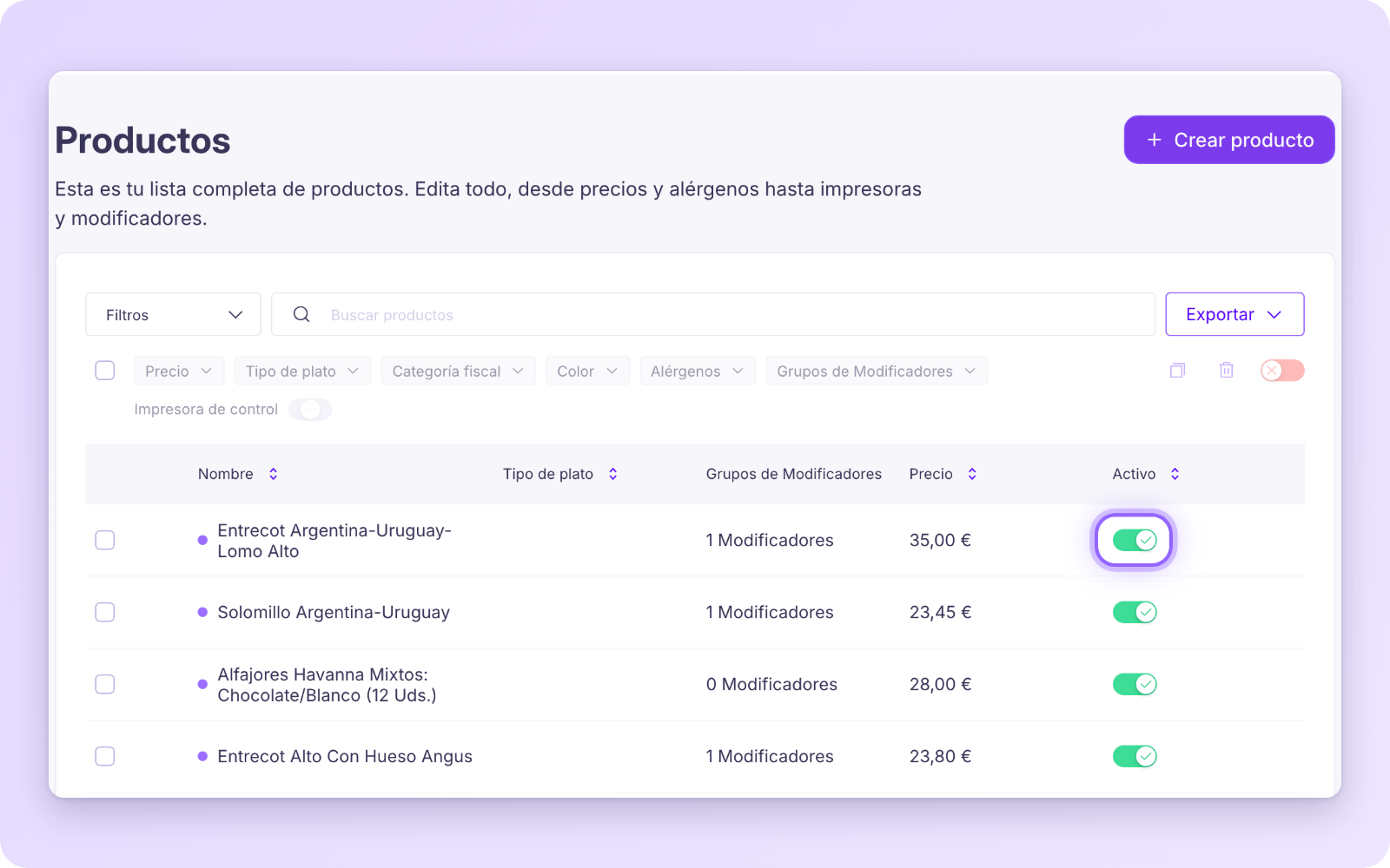 Lista de productos con el interruptor Activo del primer producto resaltado
