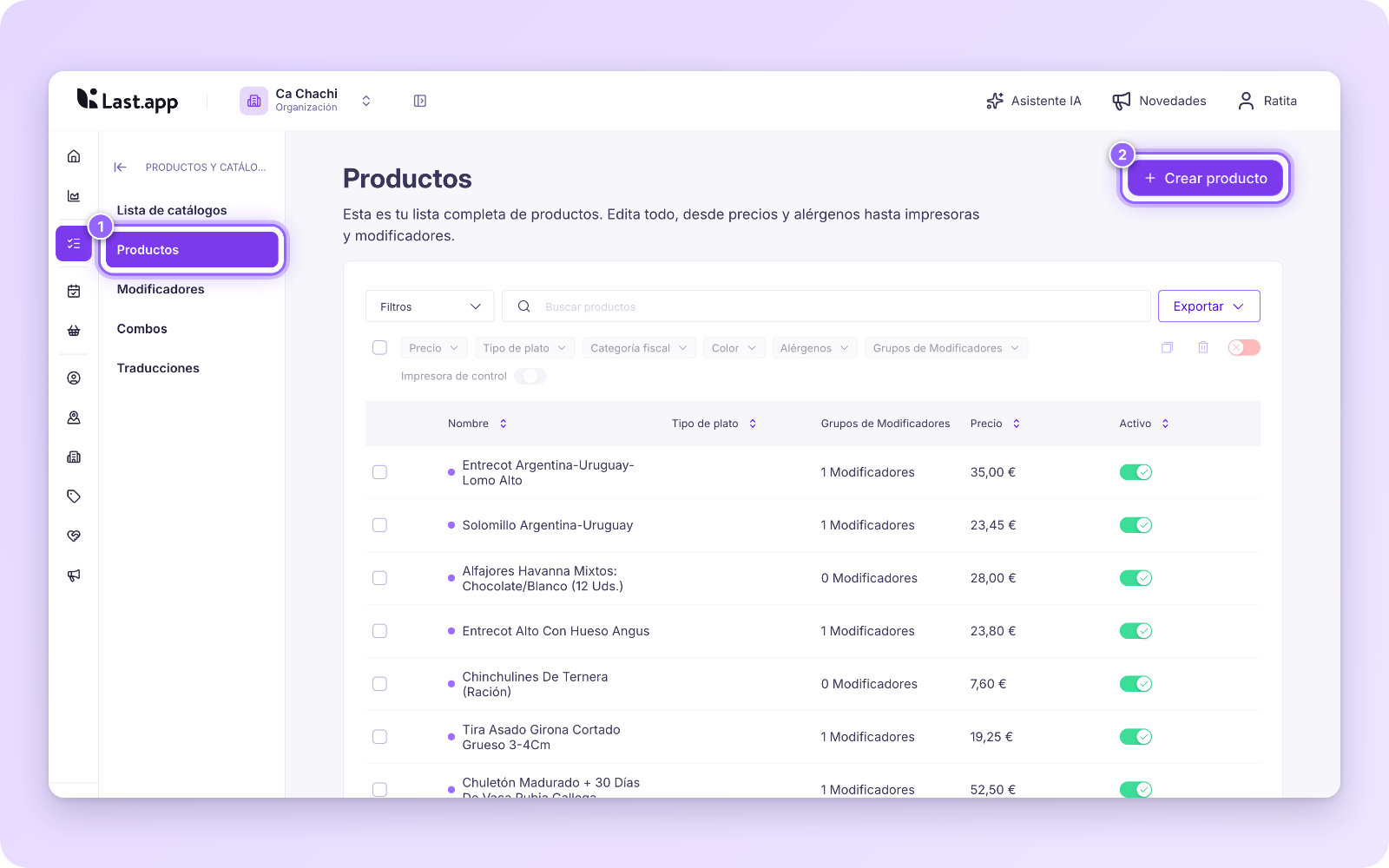 Lista de productos con el menú Productos y el botón Crear producto resaltados