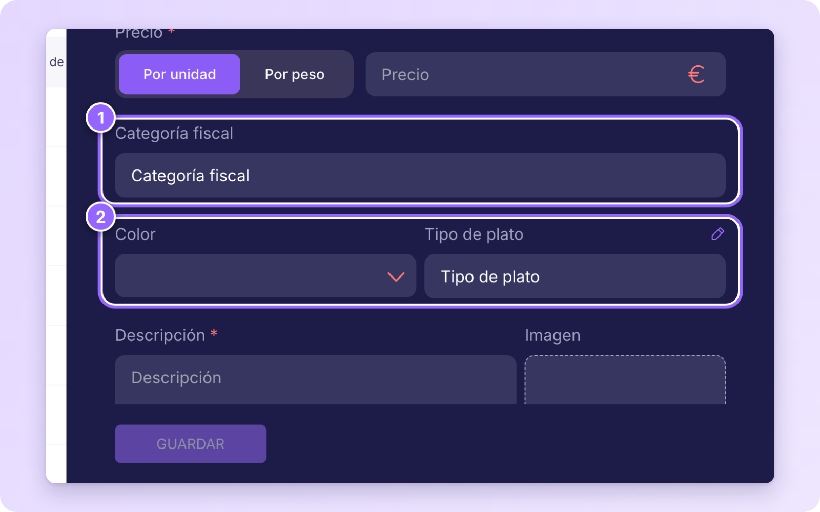 Panel Crear producto con Categoría fiscal, Color y Tipo de plato resaltados