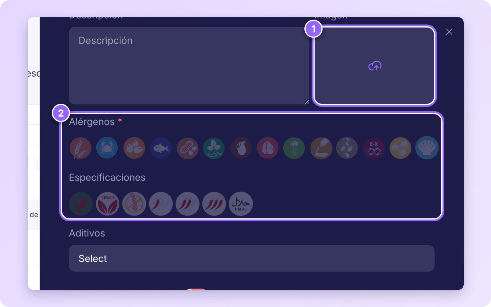 Panel Crear producto con la zona de Imagen y los iconos de Alérgenos y Especificaciones resaltados