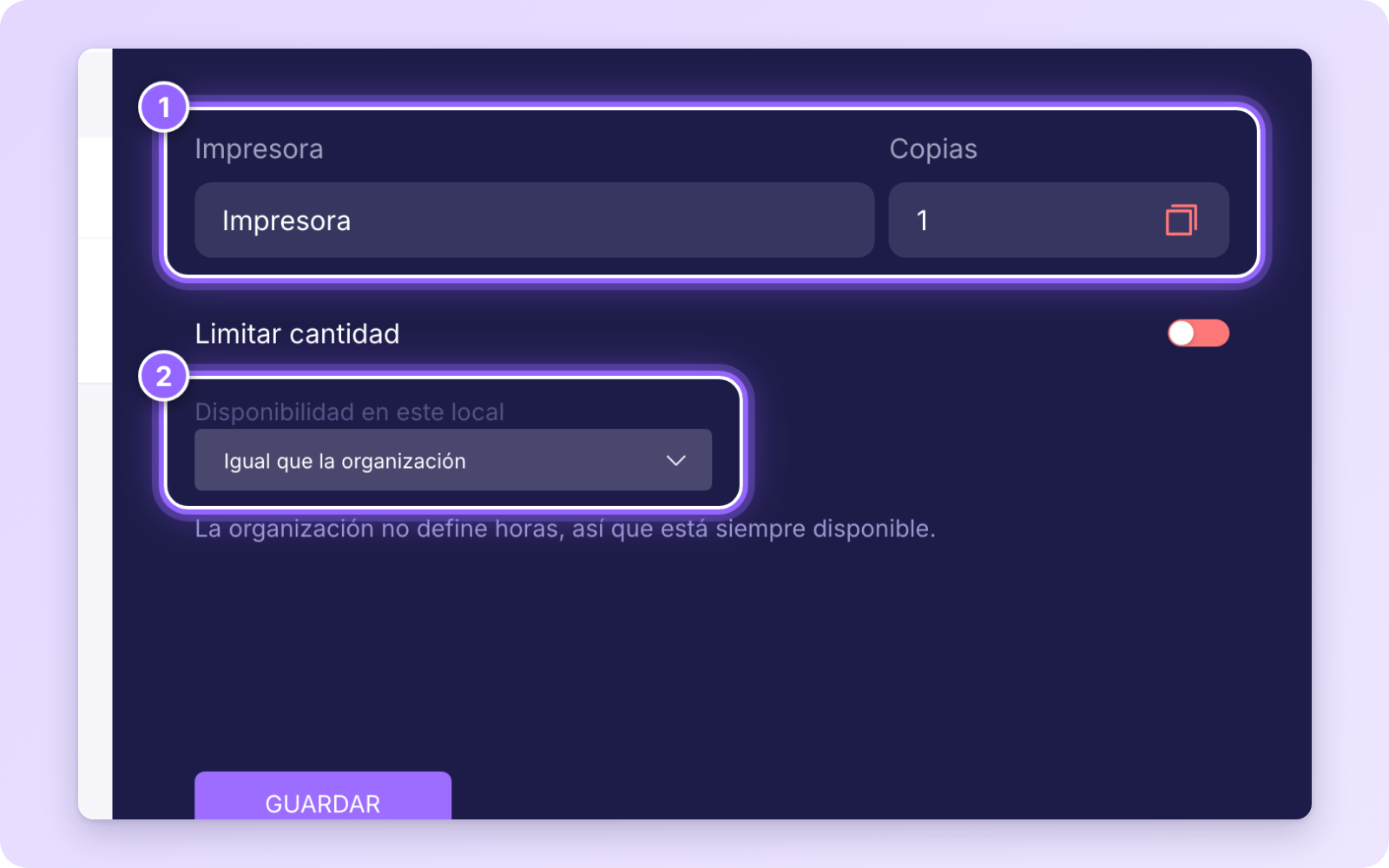Producto abierto a nivel de local con Impresora, Copias y Disponibilidad en este local resaltados
