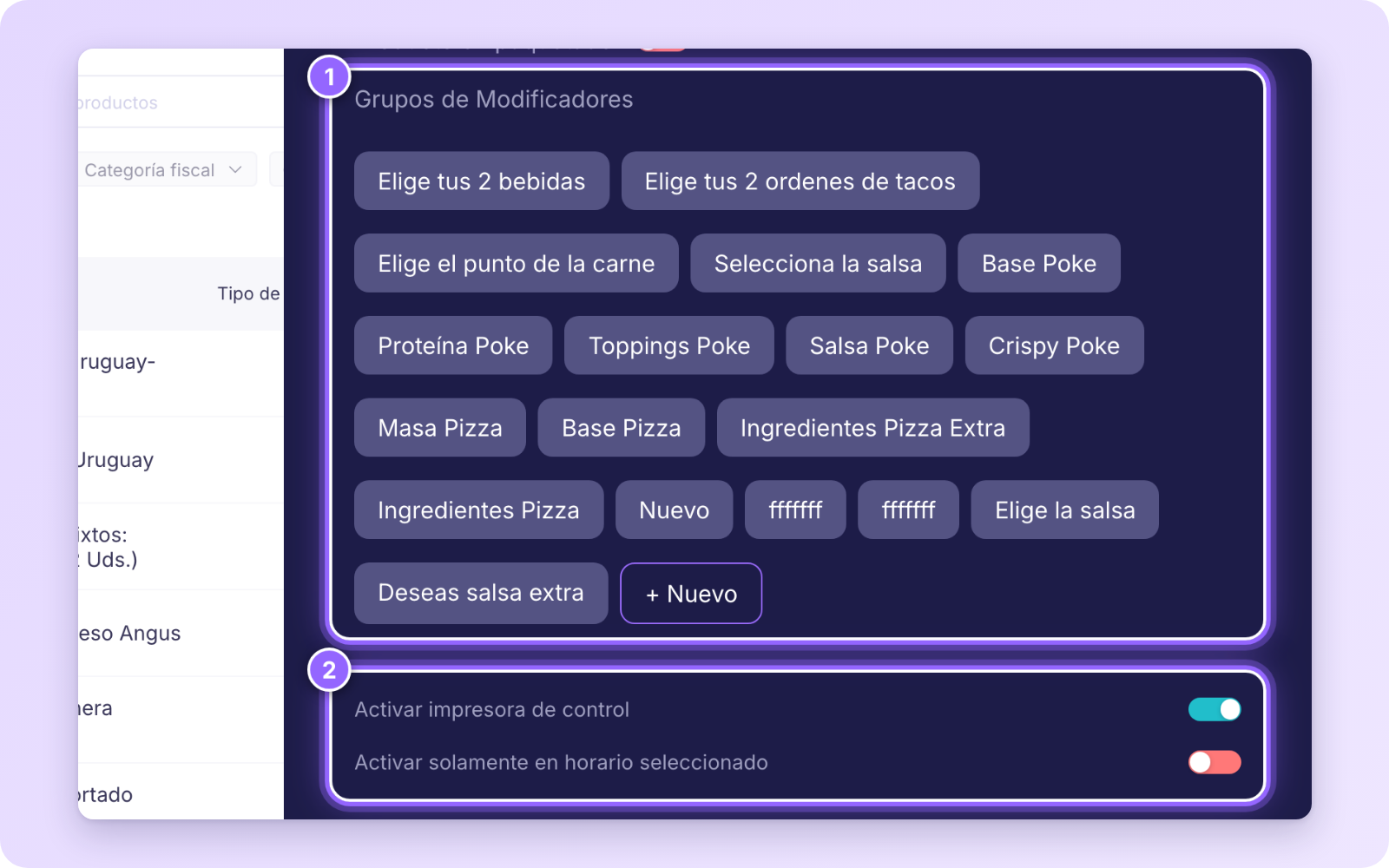 Final del panel Crear producto con los Grupos de Modificadores y los interruptores de impresora de control y horario resaltados