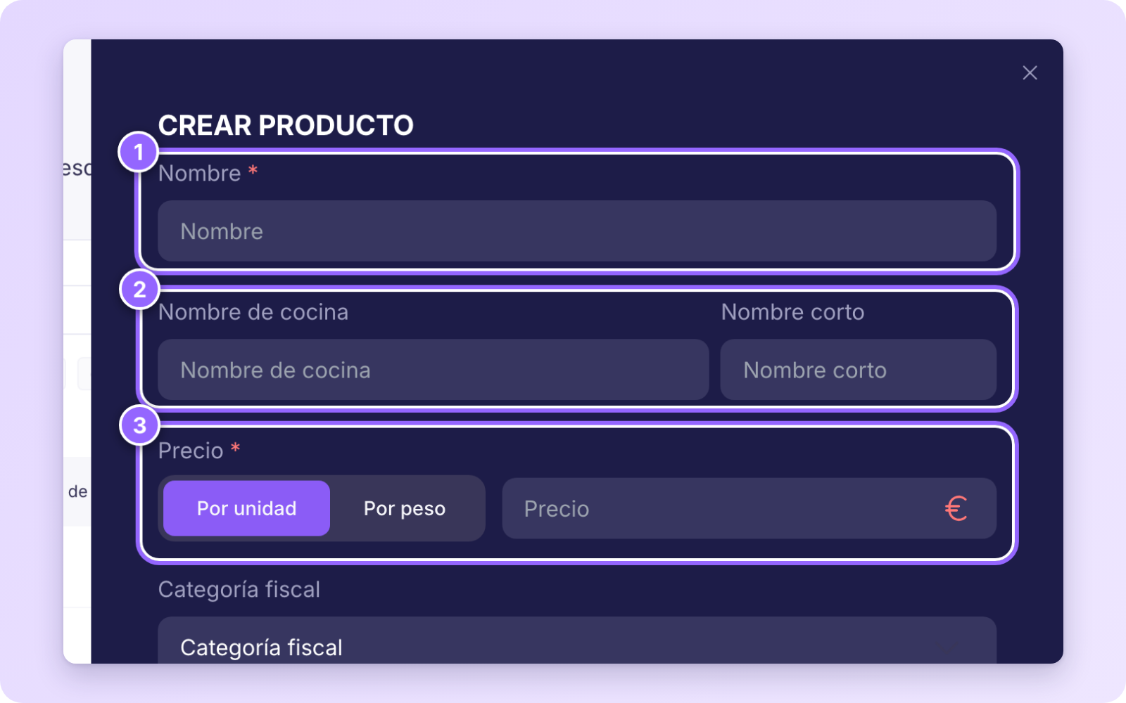 Panel Crear producto con los campos Nombre, Nombre de cocina, Nombre corto y Precio resaltados