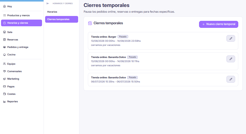 Listado de cierres temporales con el botón Nuevo cierre temporal