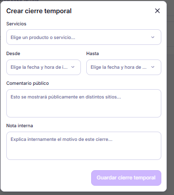 Formulario para crear un cierre temporal con servicio, fechas, comentario público y nota interna