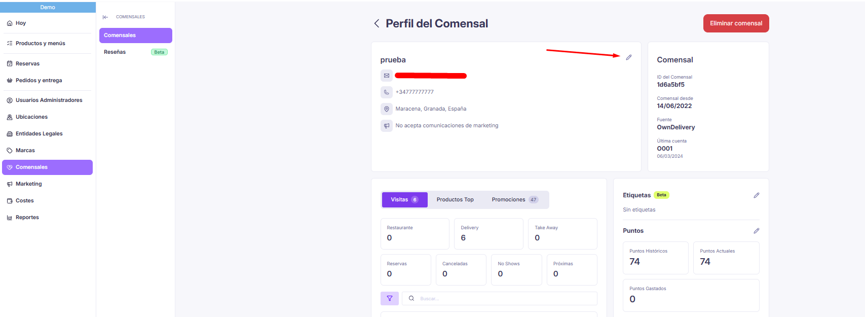 Perfil del comensal con el ícono de editar señalado para añadir el dato que falta