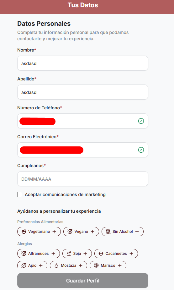 Pantalla Tus Datos con el teléfono y el correo verificados