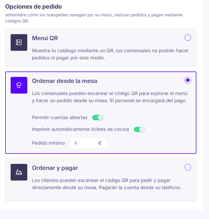 Las tres opciones de pedido de LastQR: Menú QR, Ordenar desde la mesa y Ordenar y pagar