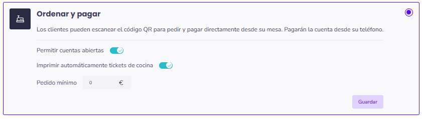 Opción Ordenar y pagar, con sus opciones de configuración