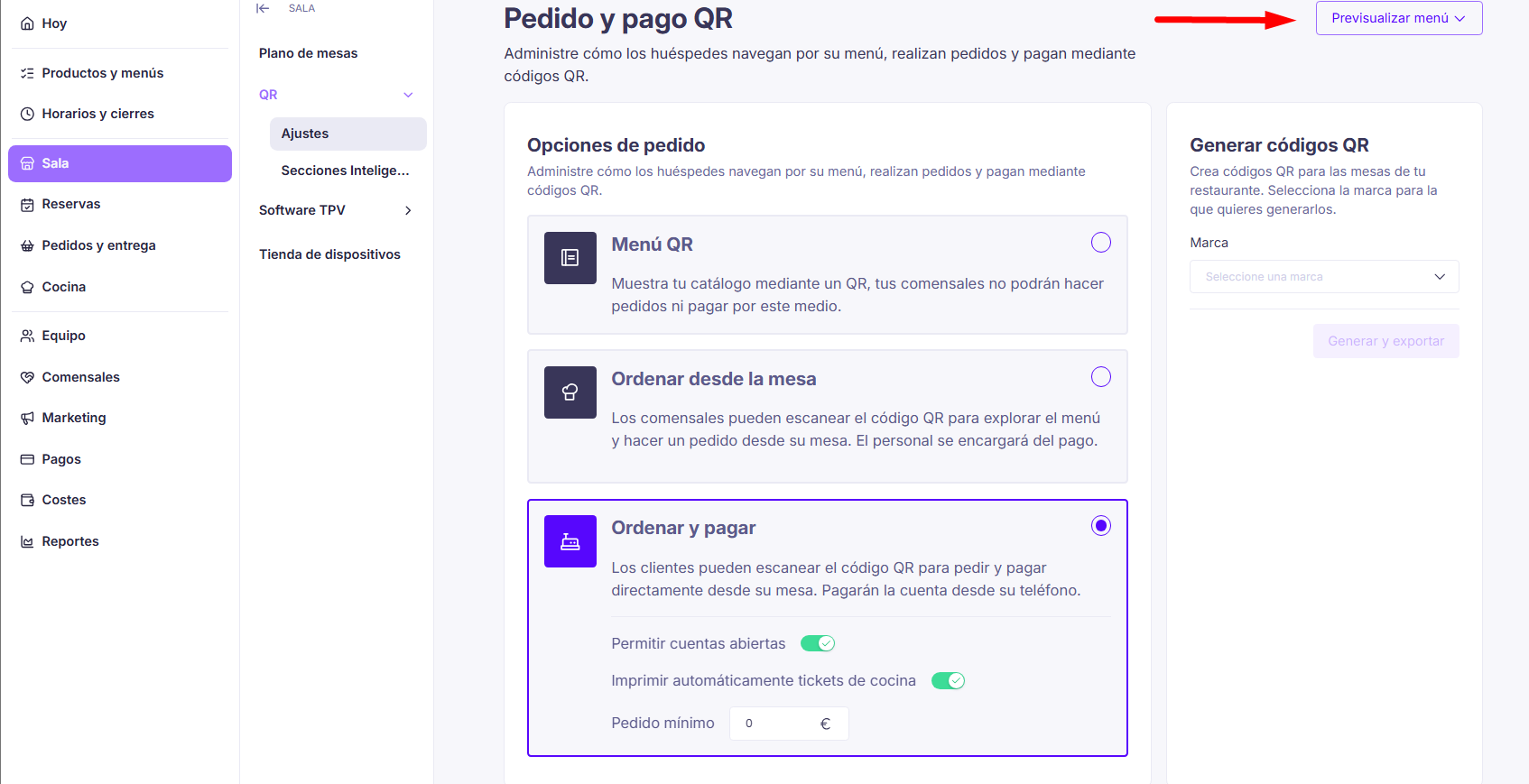 Botón Previsualizar menú señalado en la parte superior de la pantalla