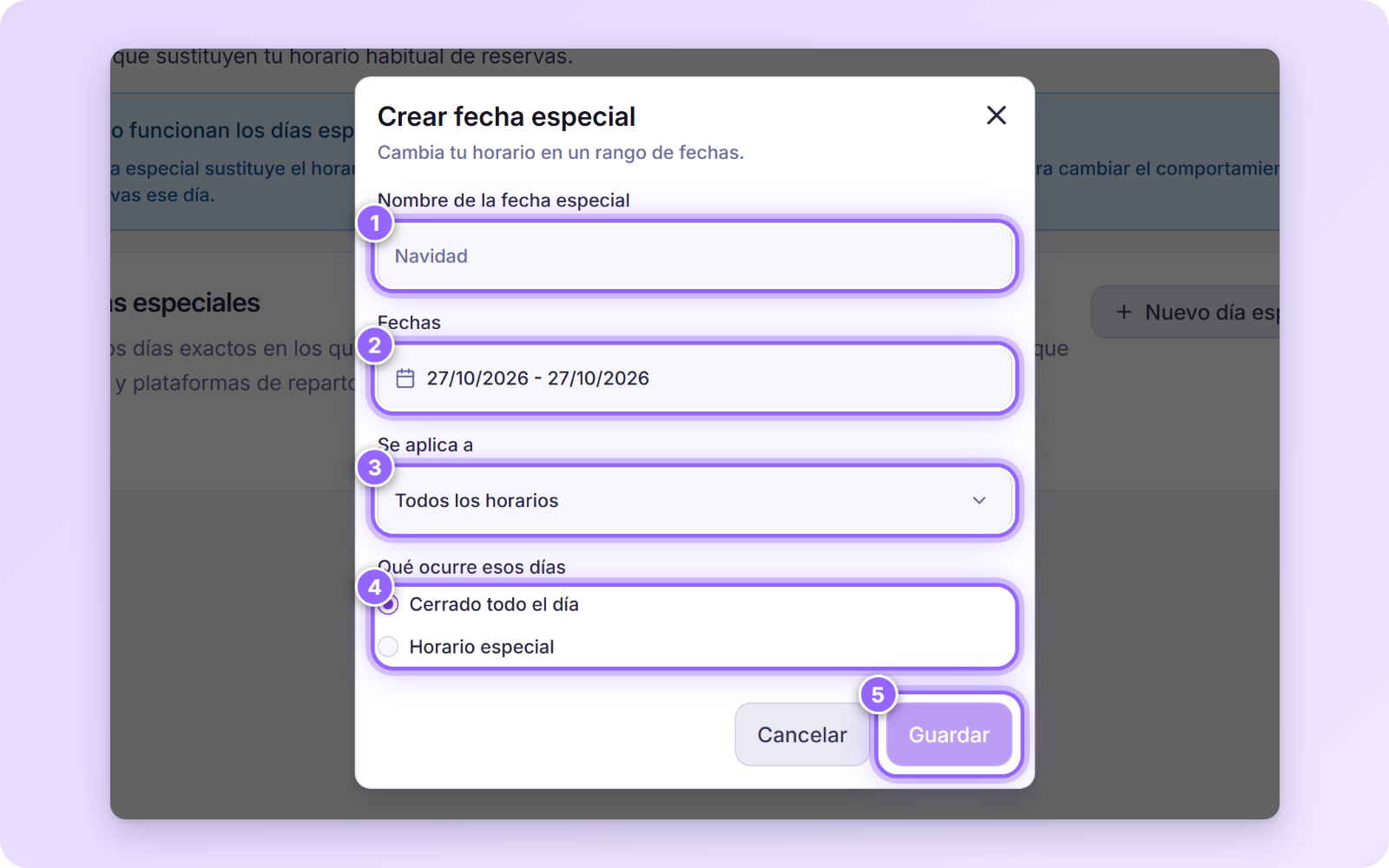 Diálogo Crear fecha especial con el nombre, las fechas, a qué se aplica y qué ocurre esos días