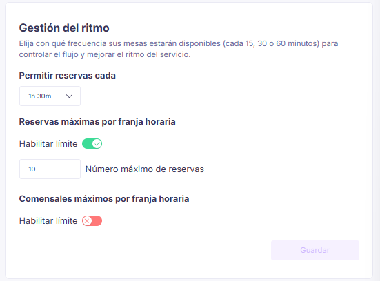 Gestión del ritmo con frecuencia de reservas y límites por franja horaria