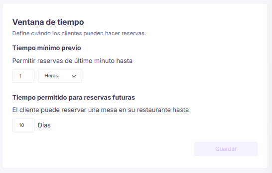 Configuración de la ventana de tiempo para reservar