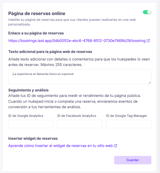 Configuración de la página de reservas online