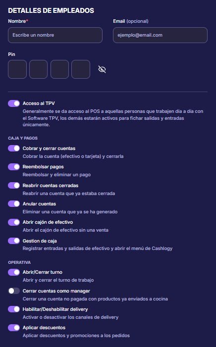 Formulario de detalles de empleado con permisos de caja y pagos