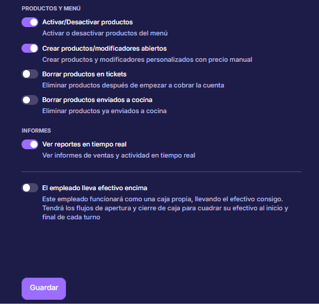 Permisos de productos, menú e informes de un empleado