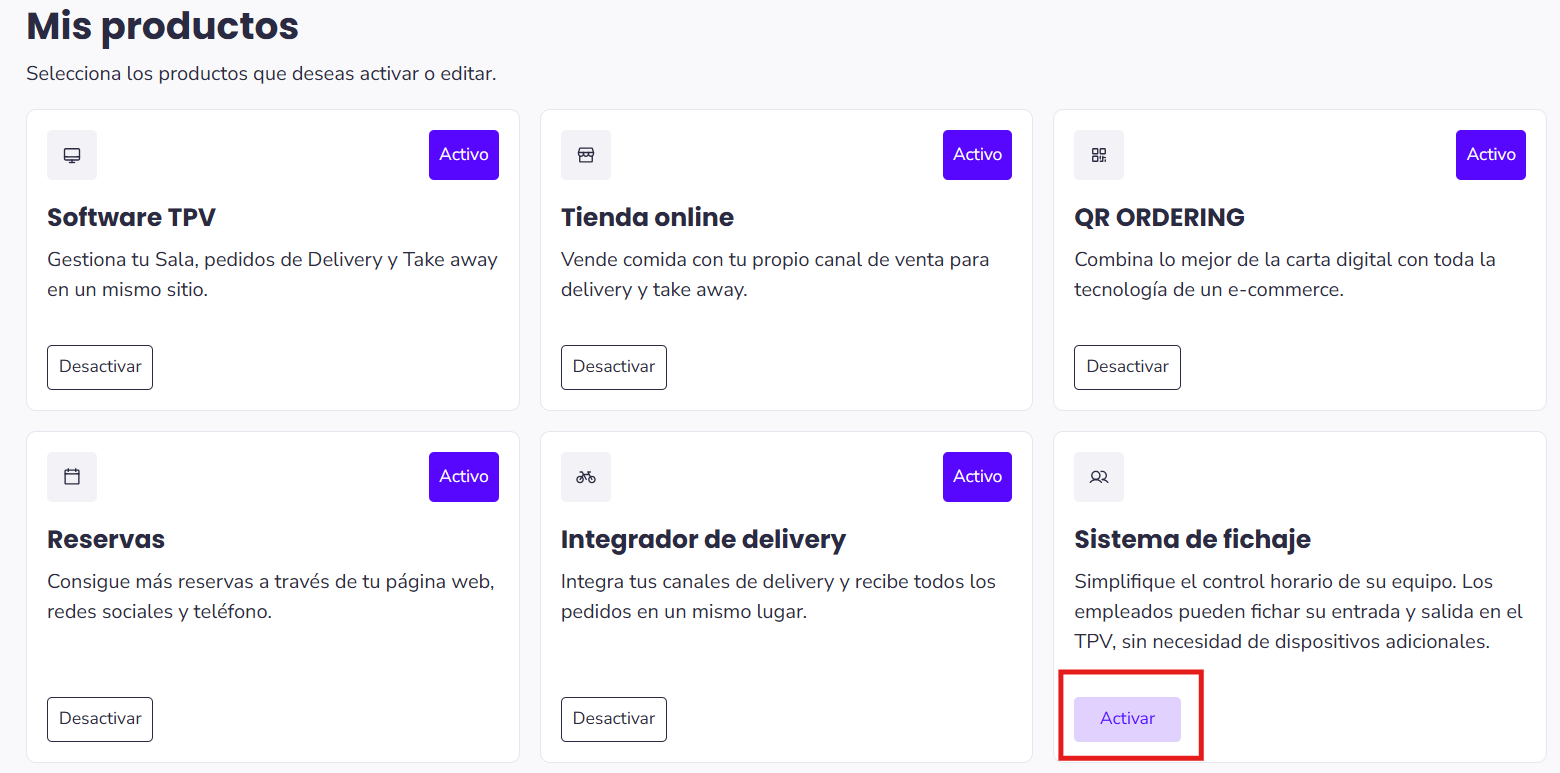 Sección Mis productos con la tarjeta Sistema de fichaje para activar