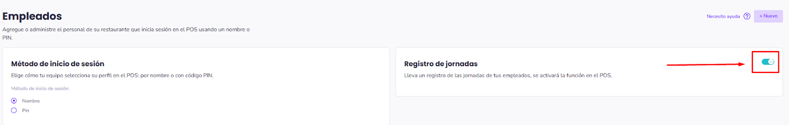 Panel de Empleados con el interruptor de Registro de jornadas activado