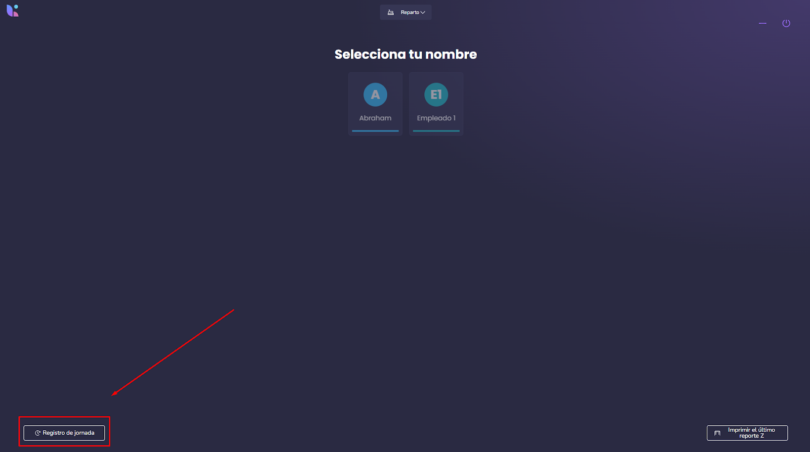 Pantalla del POS para seleccionar el nombre del empleado y registrar entrada