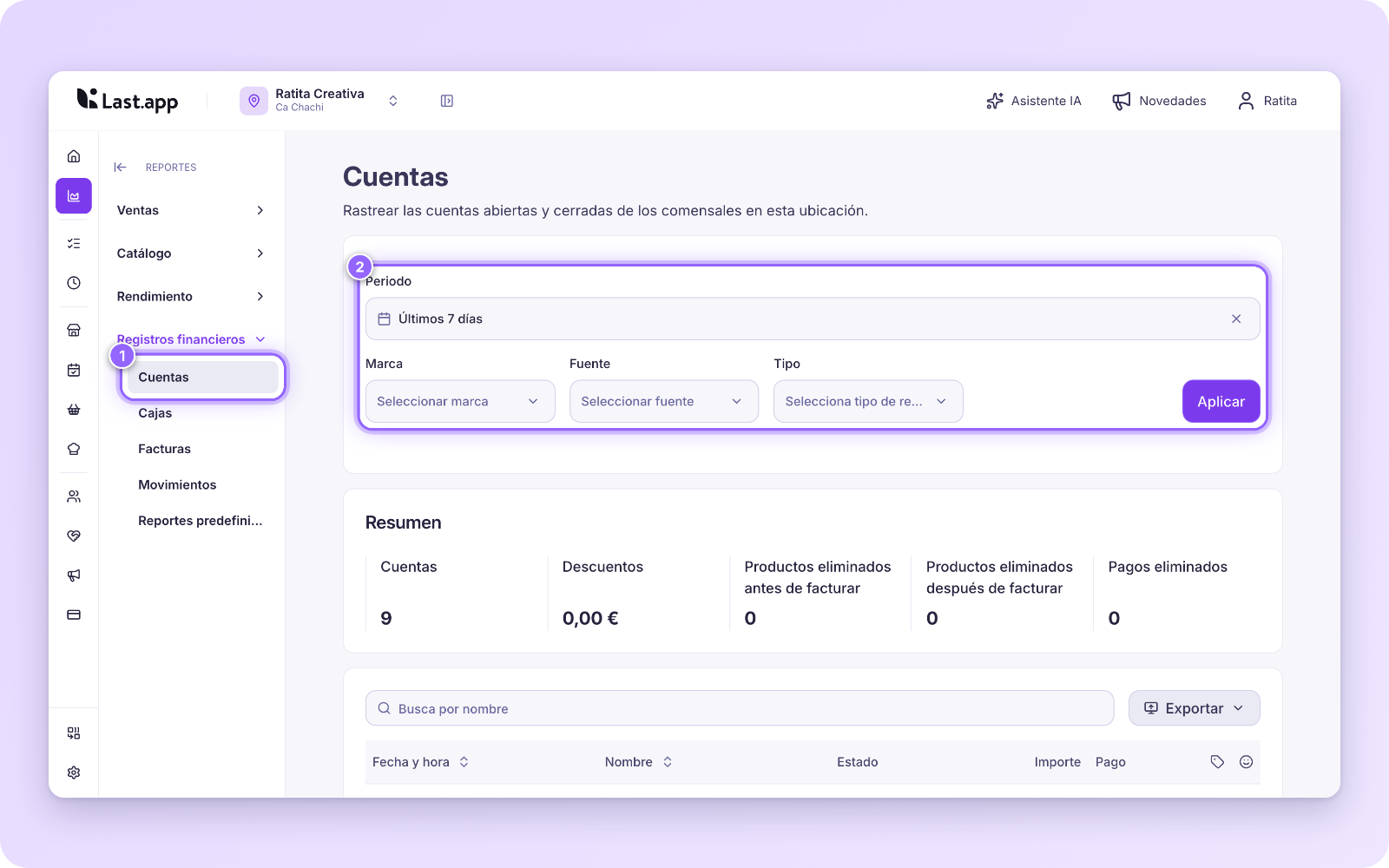 Reporte Cuentas con el menú Cuentas y los filtros Periodo, Marca, Fuente y Tipo resaltados