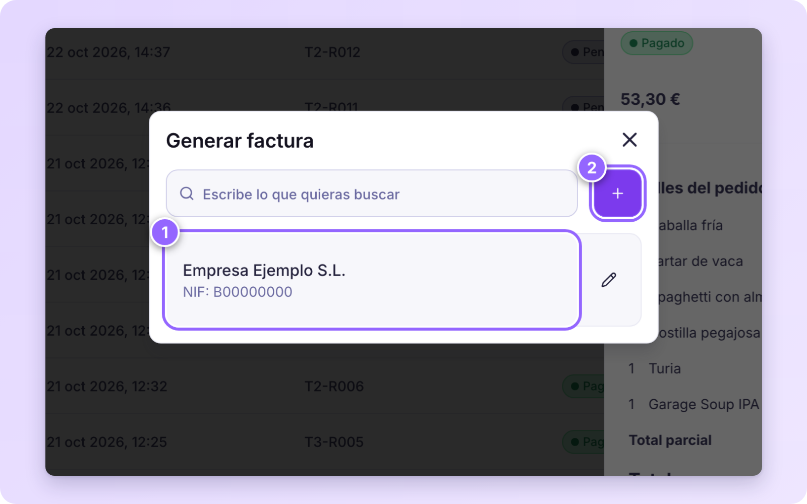 Ventana Generar factura con una empresa de la lista y el botón + para crear una nueva