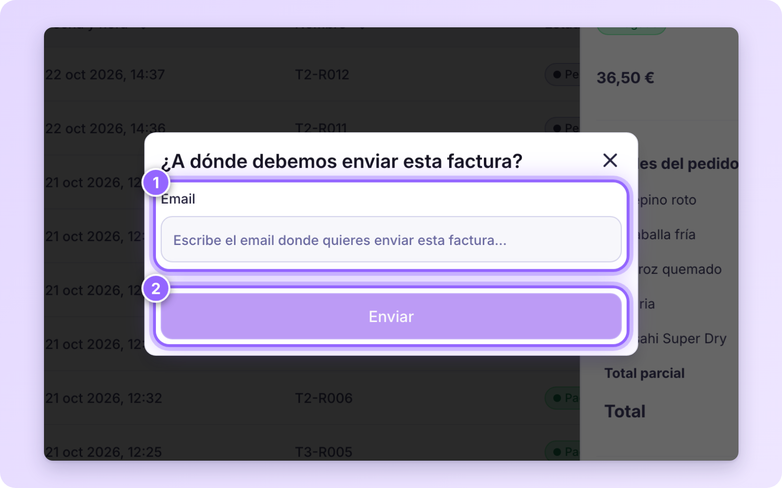 Ventana ¿A dónde debemos enviar esta factura? con el campo Email y el botón Enviar