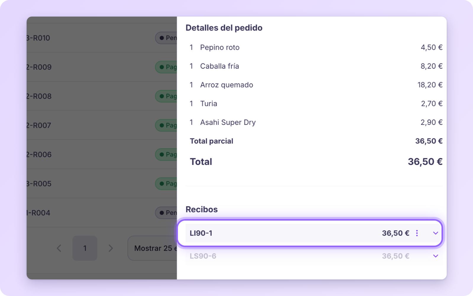 Recibos de la cuenta con la factura completa LI resaltada y el ticket LS original debajo en gris
