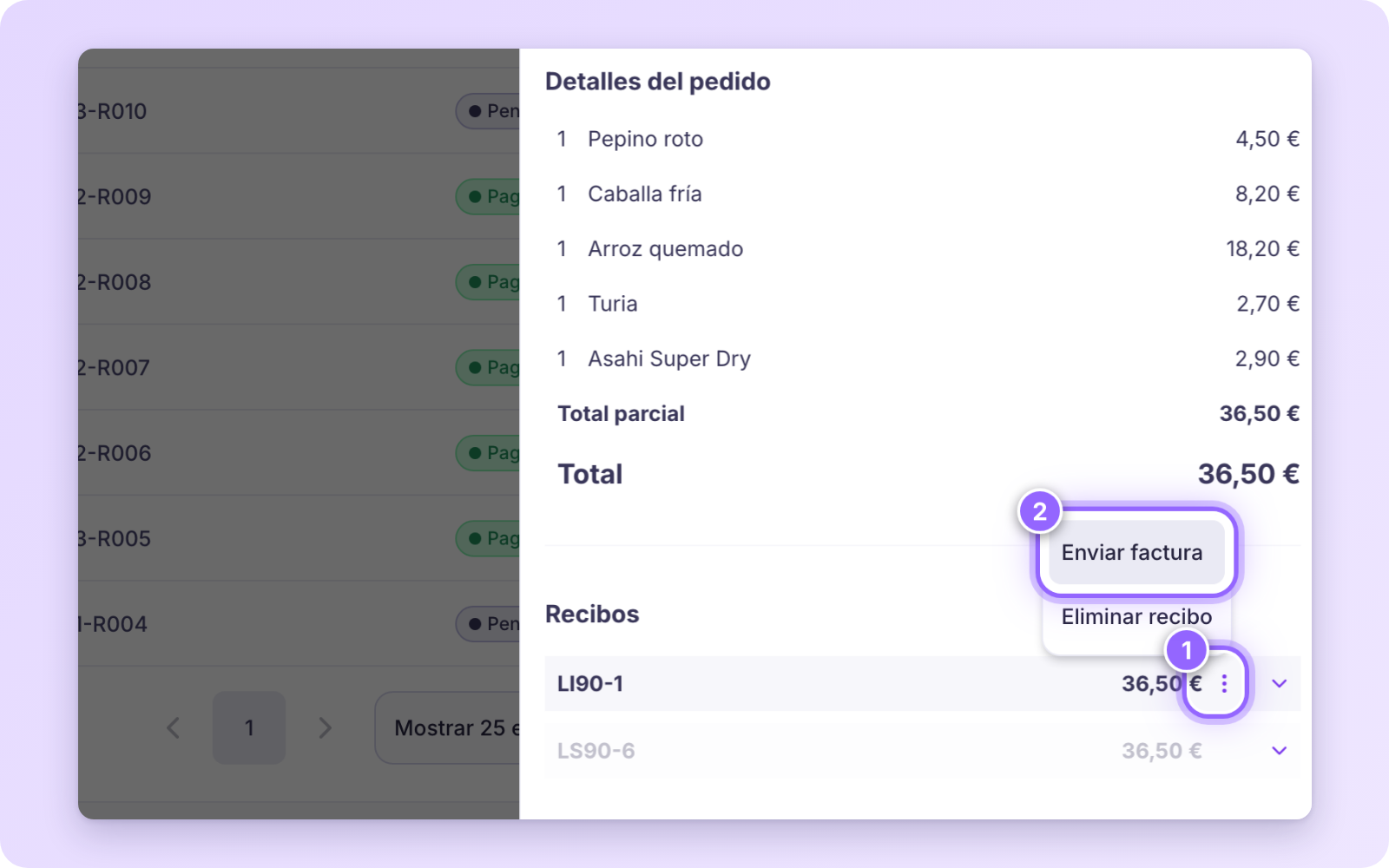 Recibo LI con los tres puntos y la opción Enviar factura