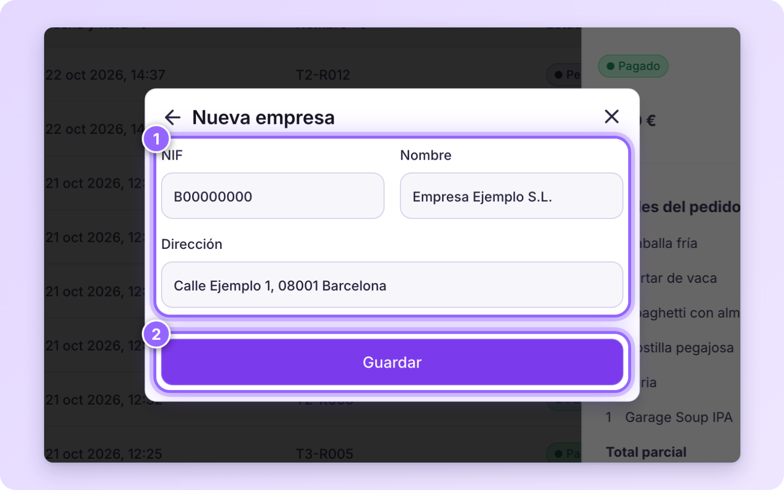 Formulario Nueva empresa con NIF, Nombre y Dirección rellenos y el botón Guardar
