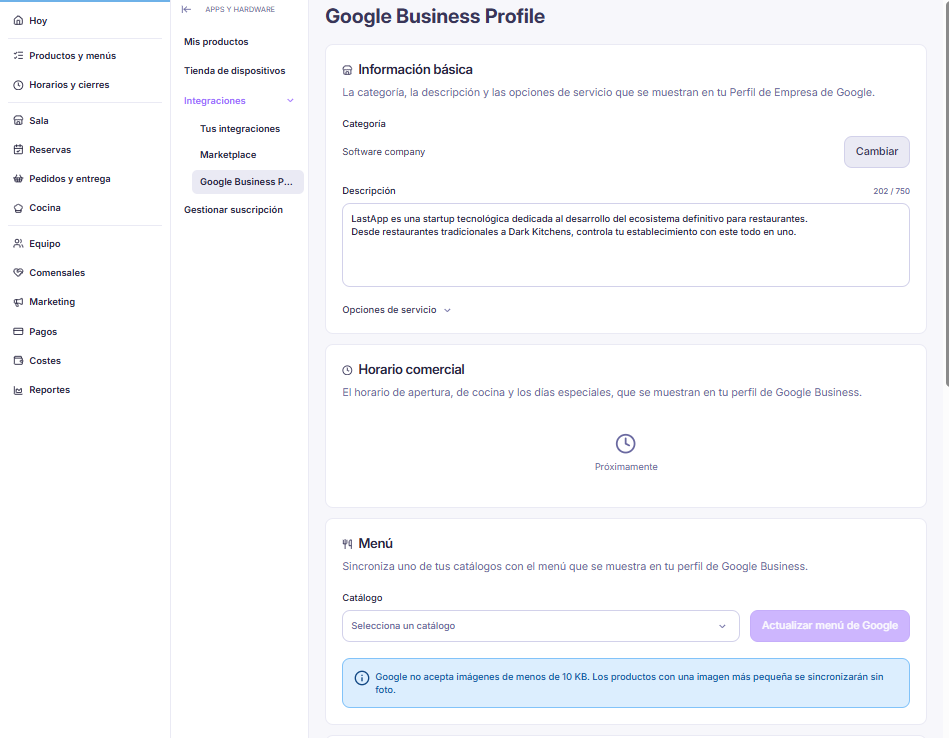 Información básica, horario comercial y menú en la integración de Google Business Profile