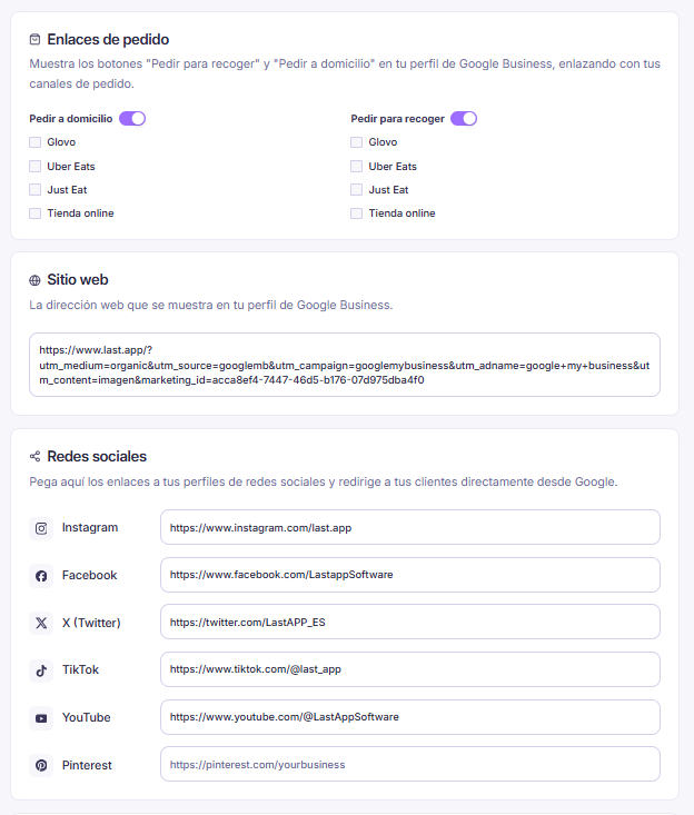Enlaces de pedido, sitio web y redes sociales en Google Business Profile
