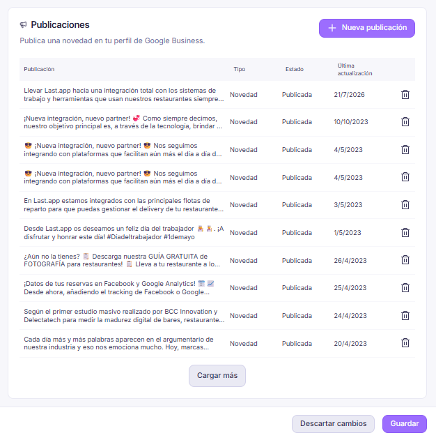 Listado de publicaciones en el perfil de Google Business