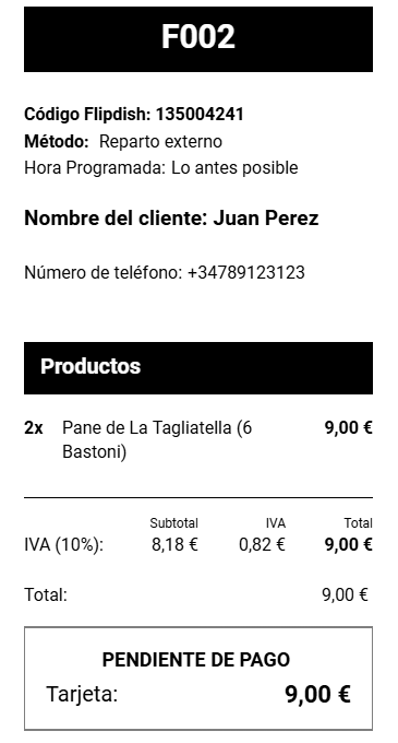 Ticket de un pedido de Flipdish pendiente de pago en efectivo o tarjeta