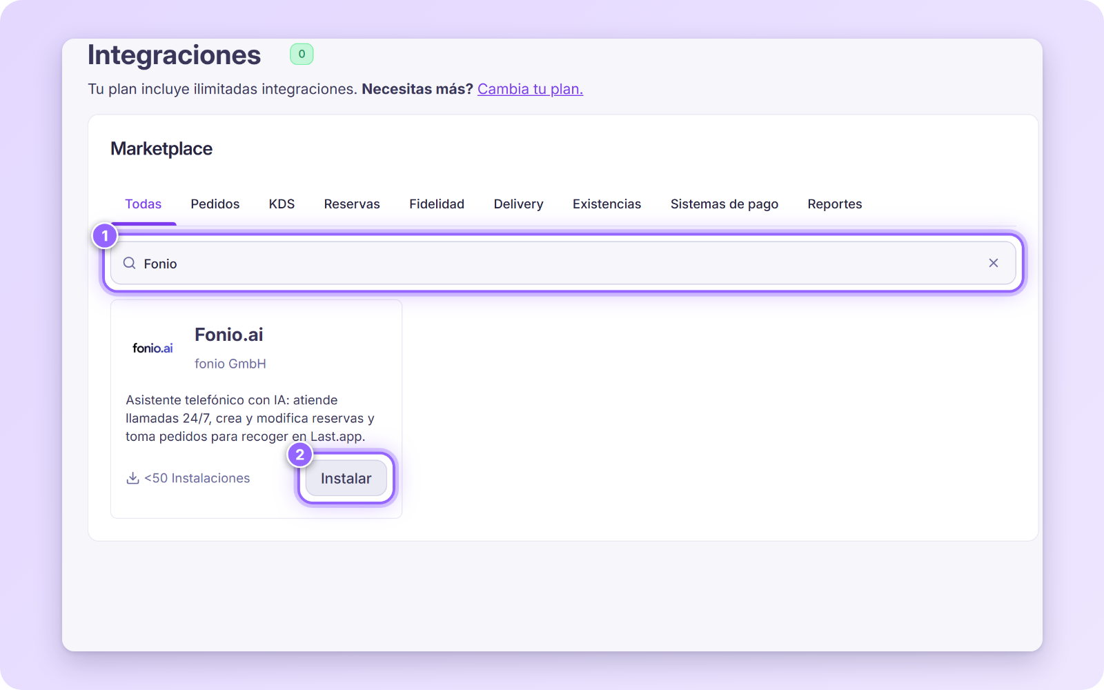 Marketplace con Fonio escrito en el buscador y el botón Instalar de la tarjeta Fonio.ai numerados