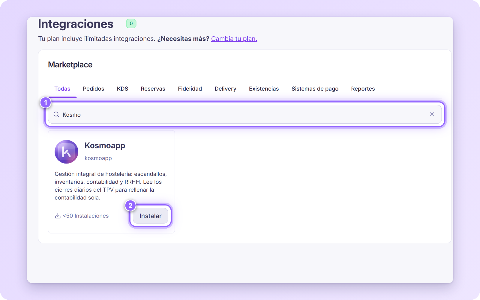 Marketplace con Kosmoapp escrito en el buscador y el botón Instalar de la tarjeta Kosmoapp numerados