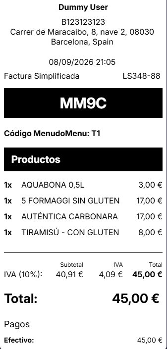 Ejemplo de ticket con el código de MenudoMenu identificando el pedido
