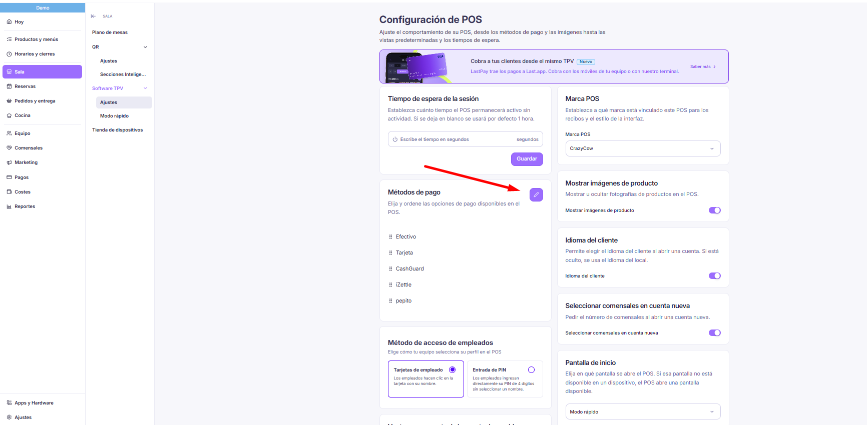Software TPV con la sección de Métodos de pago señalada